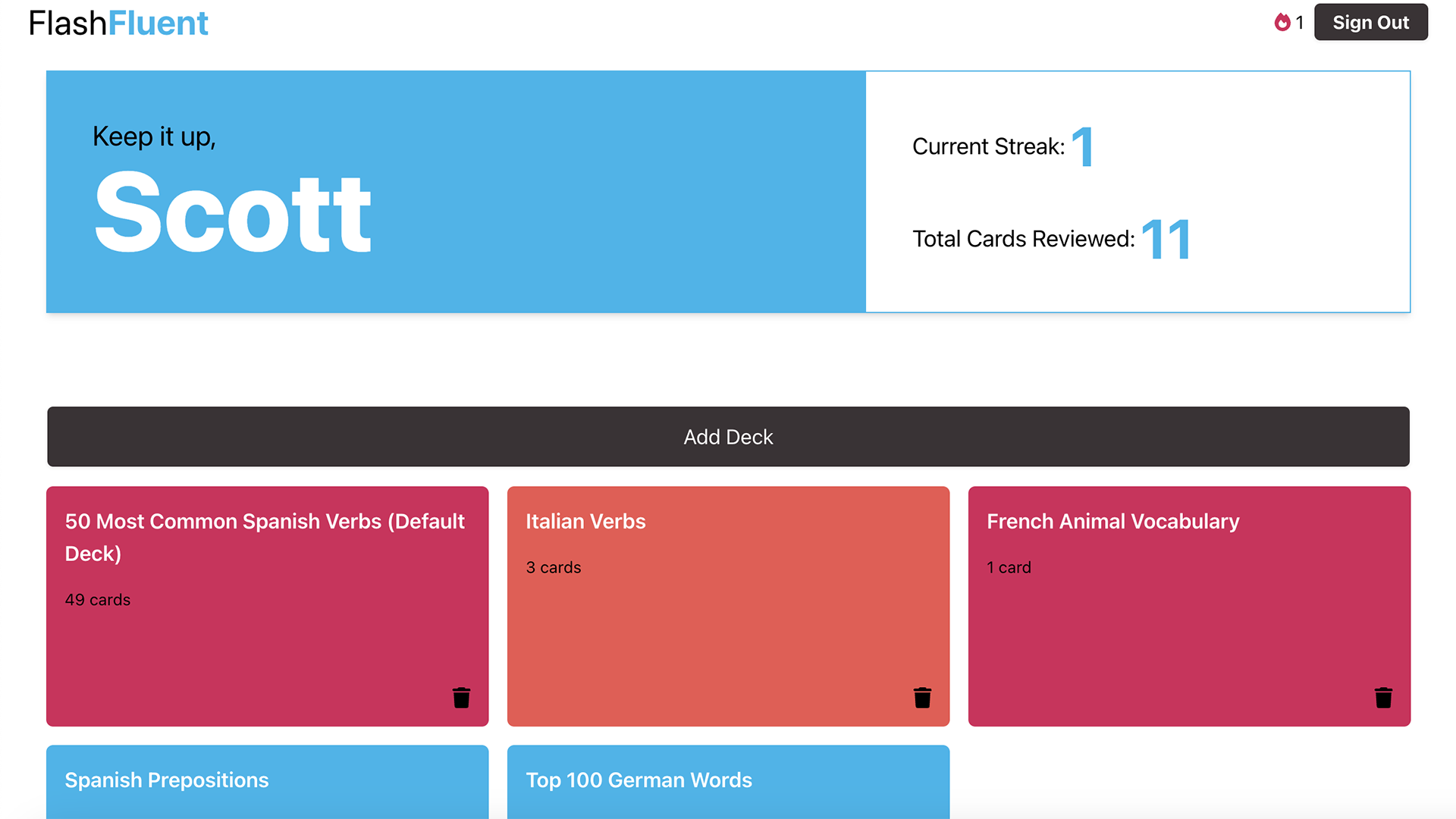 FlashFluent Flashcard App project screenshot